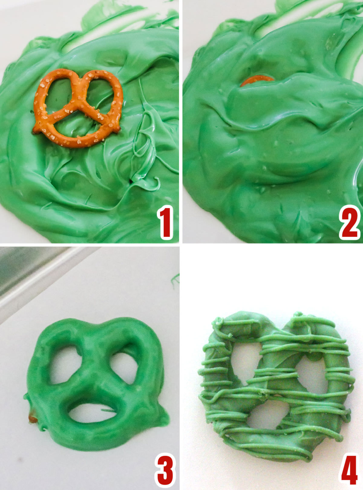Collage image showing how to cover the pretzels with Candy Melts.