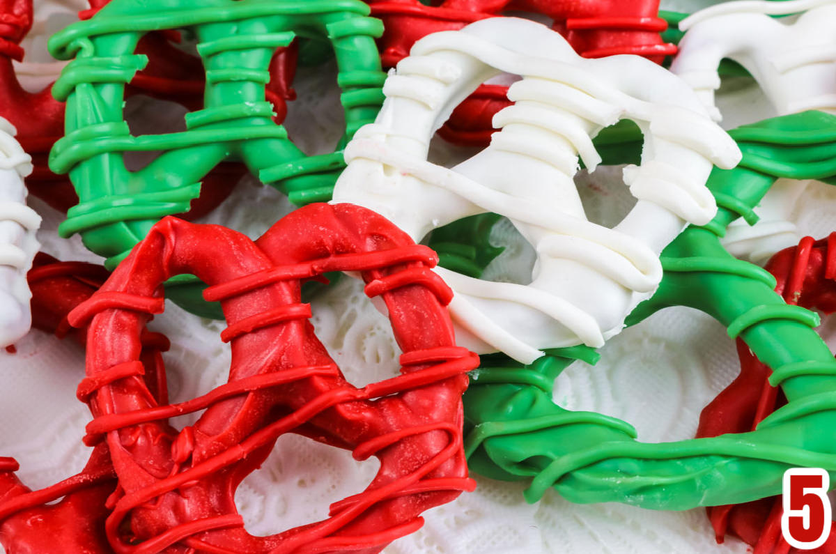 Closeup on a Red, White and Green Christmas Pretzels.