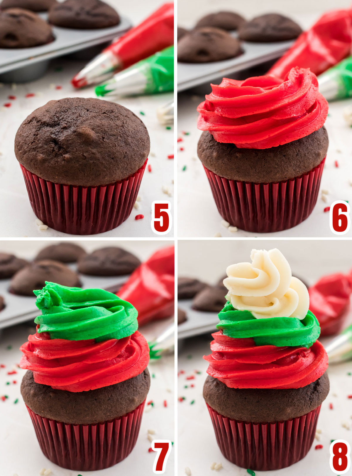 Collage image showing the steps for making the Christmas Swirl of frosting on the chocolate cupcake.