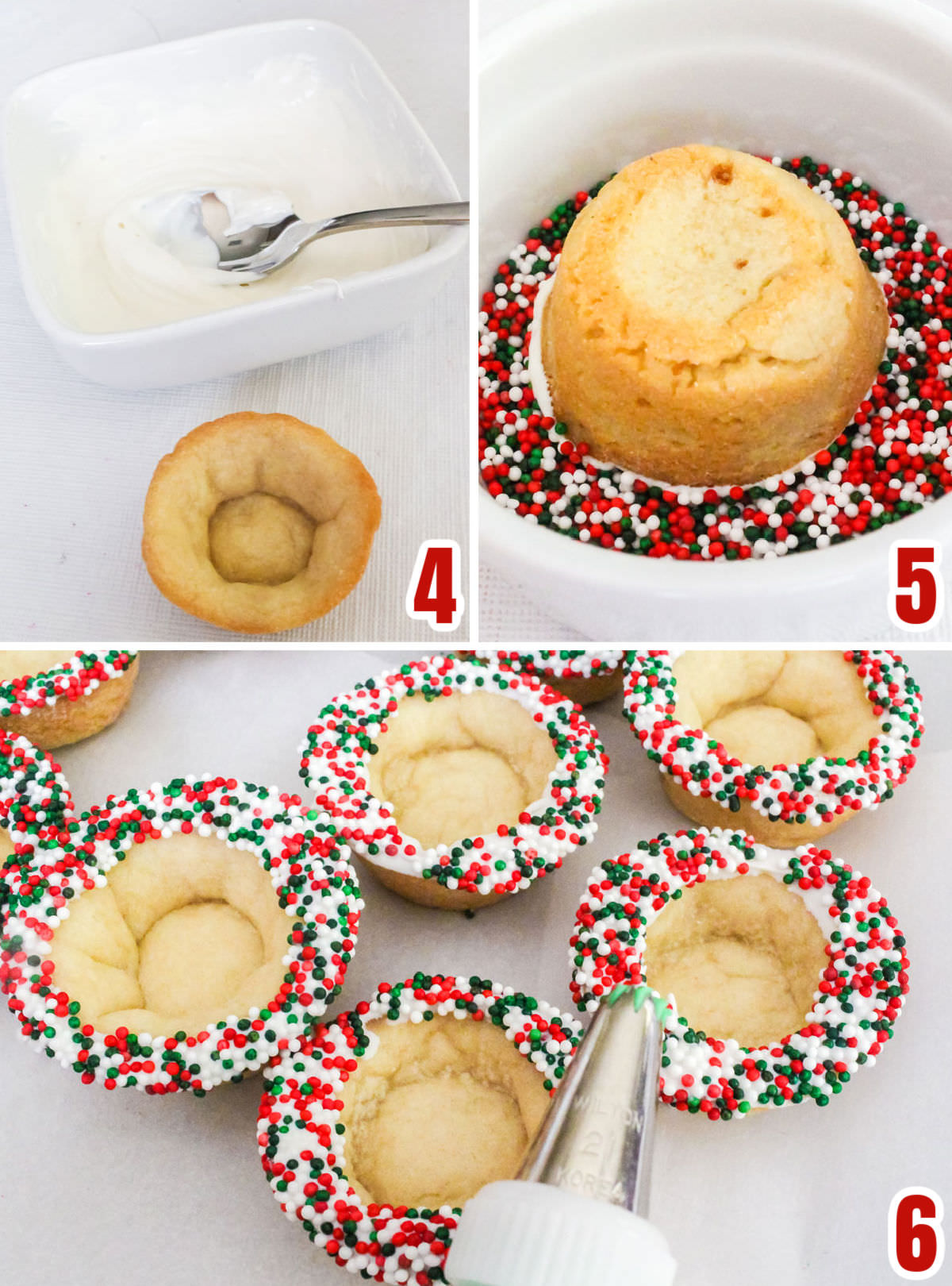 Collage image showing the steps for decorating the rims of the cookie cups.