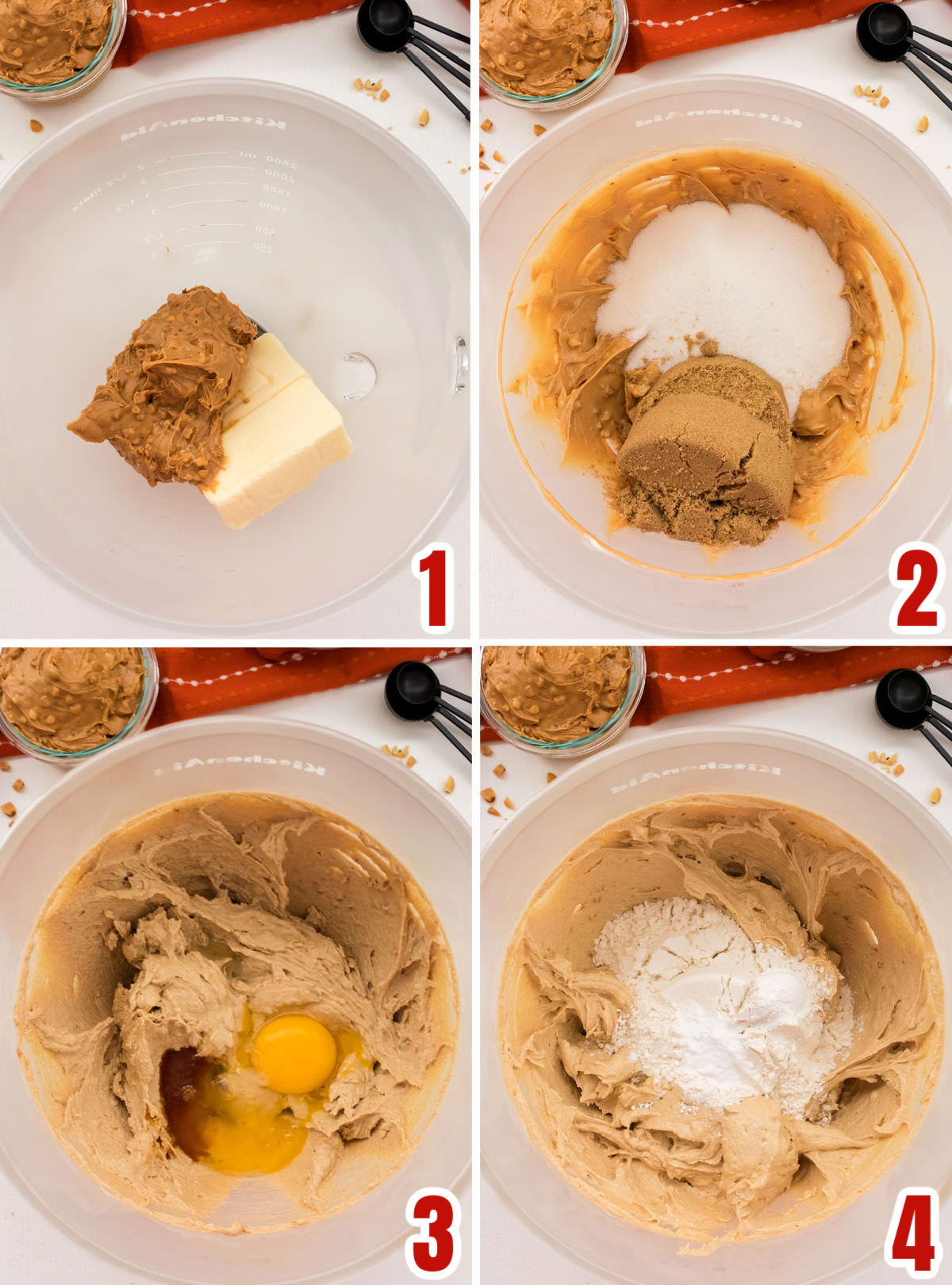 Collage image showing the steps for making the peanut butter cookie dough.