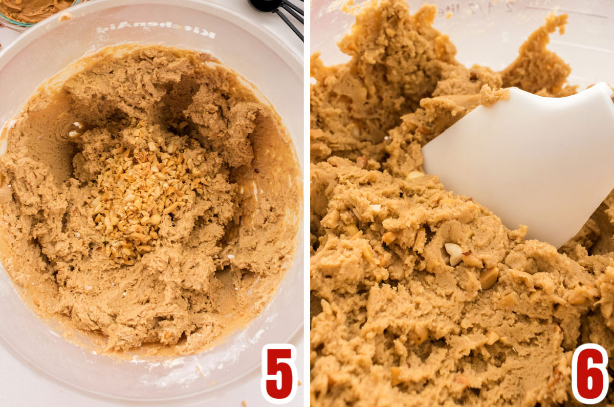 Collage image showing the steps for adding the chopped peanuts to the cookie dough.