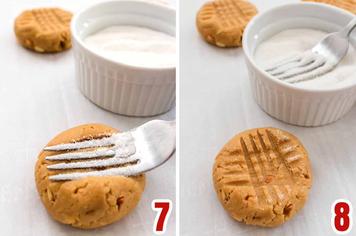 Collage image showing how to press the cookie dough ball down with a criss cross pattern on the top.