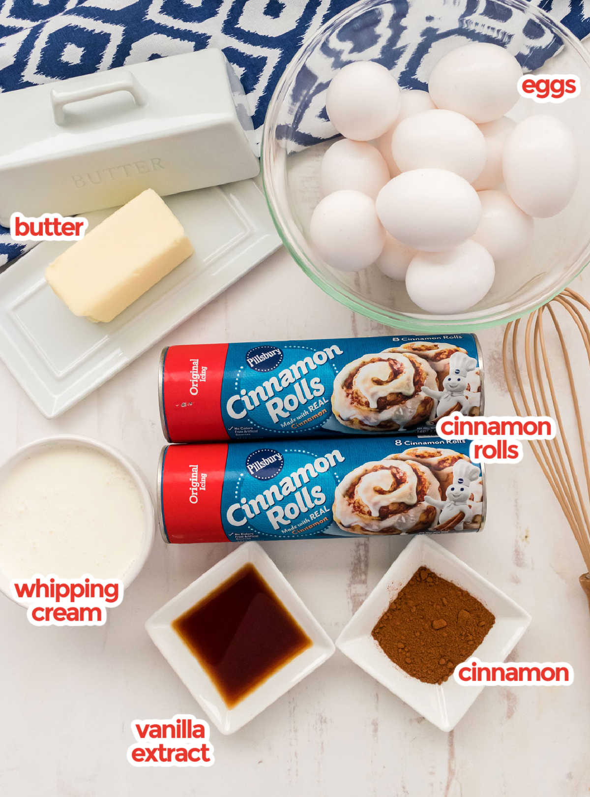 All the ingredients need to make Cinnamon Roll Breakfast Casserole including canned cinnamon rolls, eggs, butter, vanilla, cream and cinnamon.
