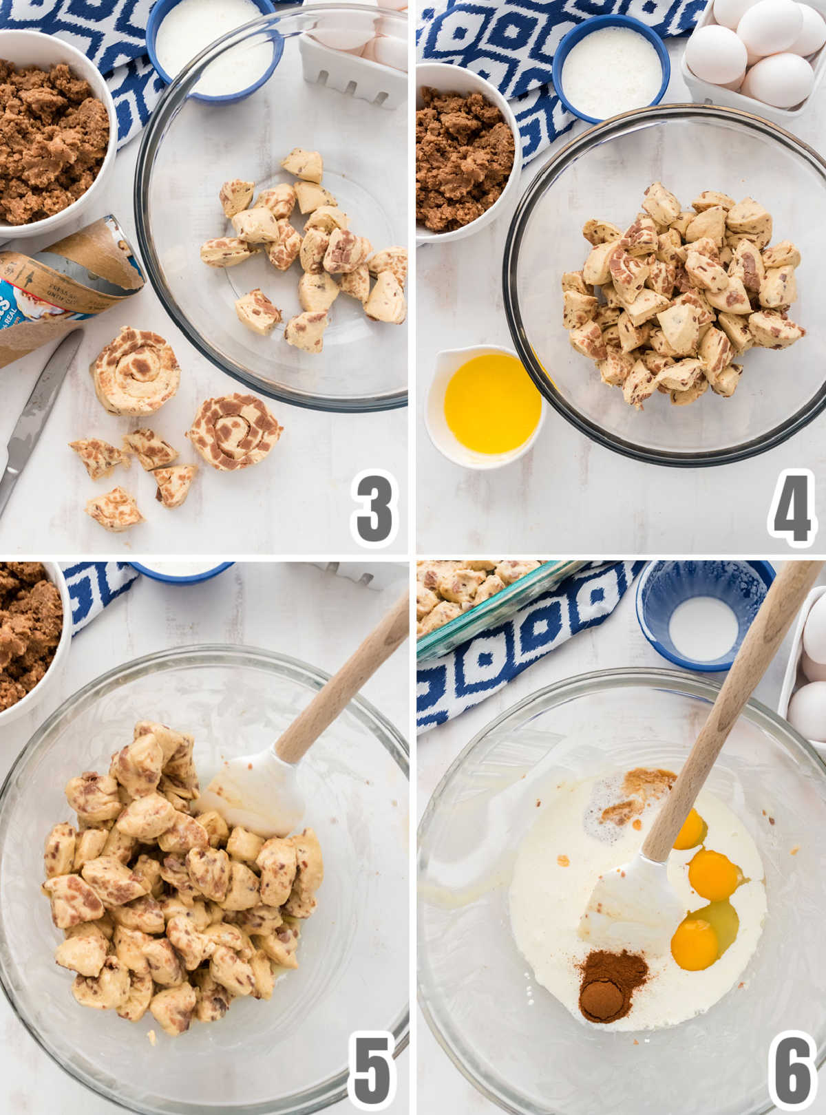 Collage image showing the steps for preparing the store-bought Cinnamon  rolls to be used in the breakfast casserole.