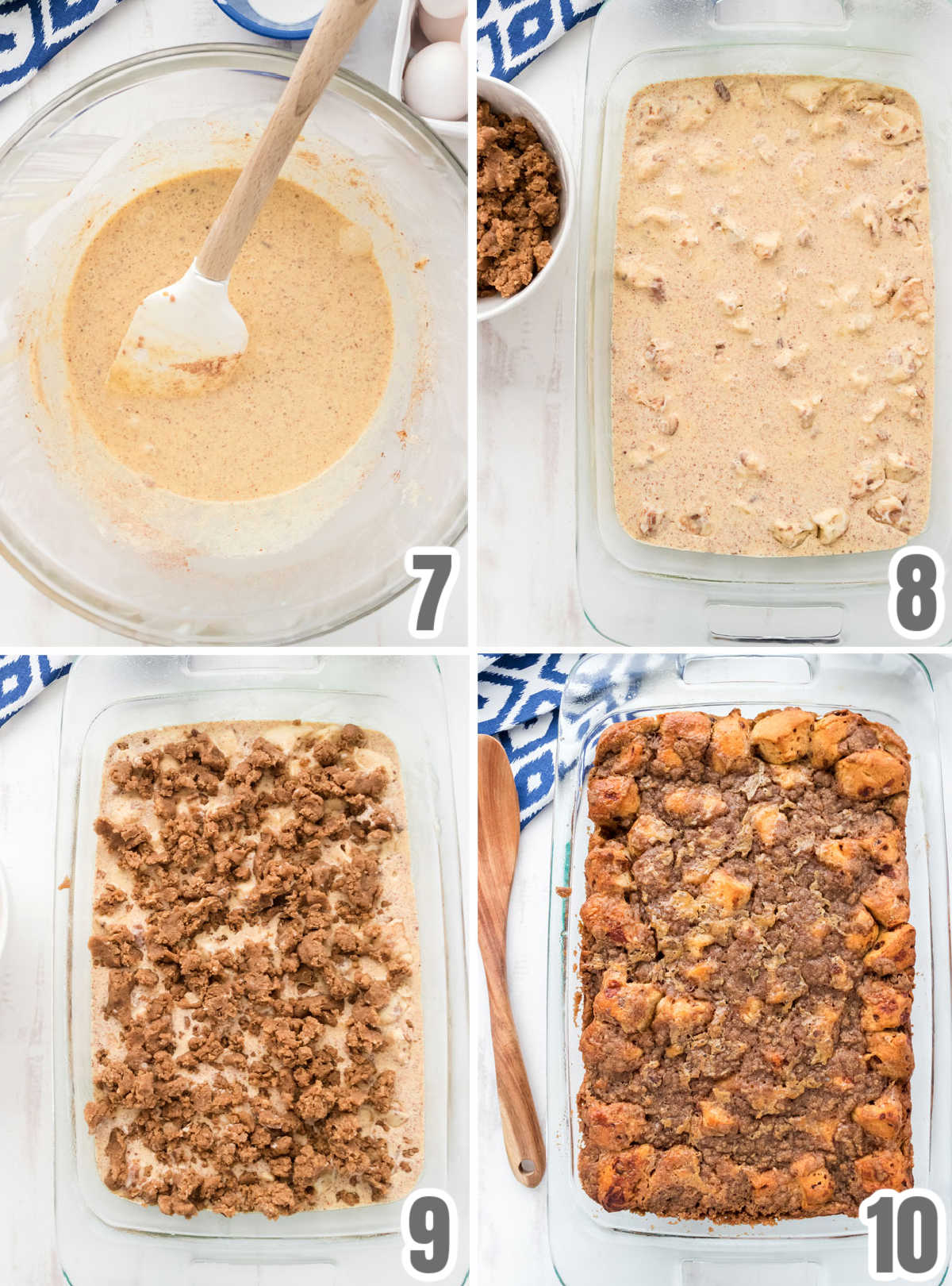 Collage image showing the steps for preparing the Cinnamon Roll Breakfast Casserole to be baked.