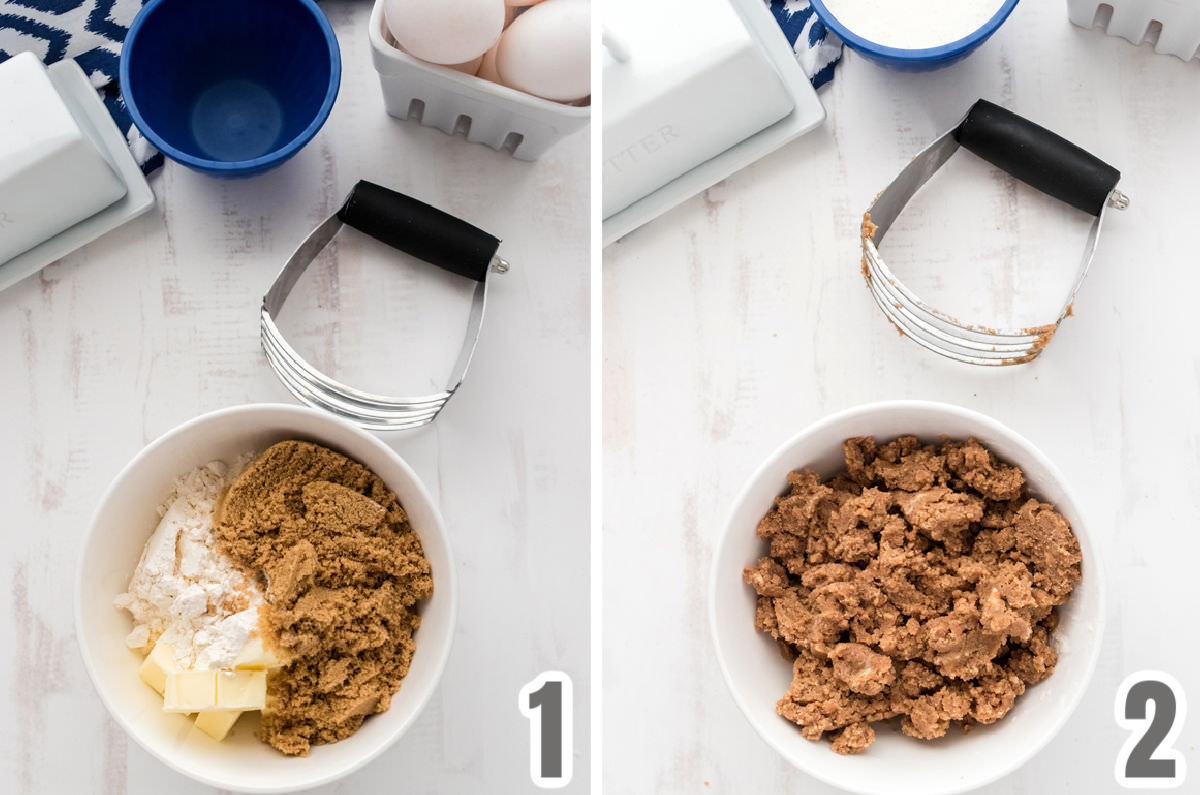 Collage image showing exactly how to make the streusel topping for the breakfast dish.