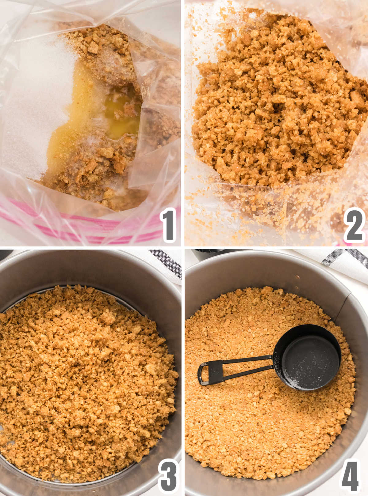 Collage image showing how to make a Graham Cracker Crust for Classic Cheesecake.