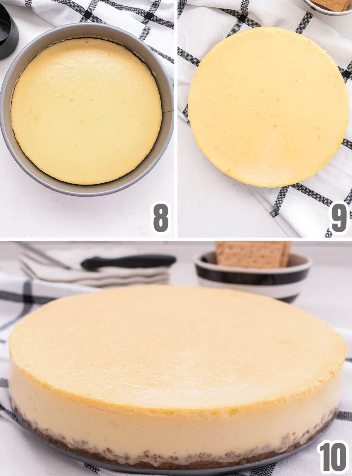 Collage image showing the steps for baking a Classic Cheesecake recipe.