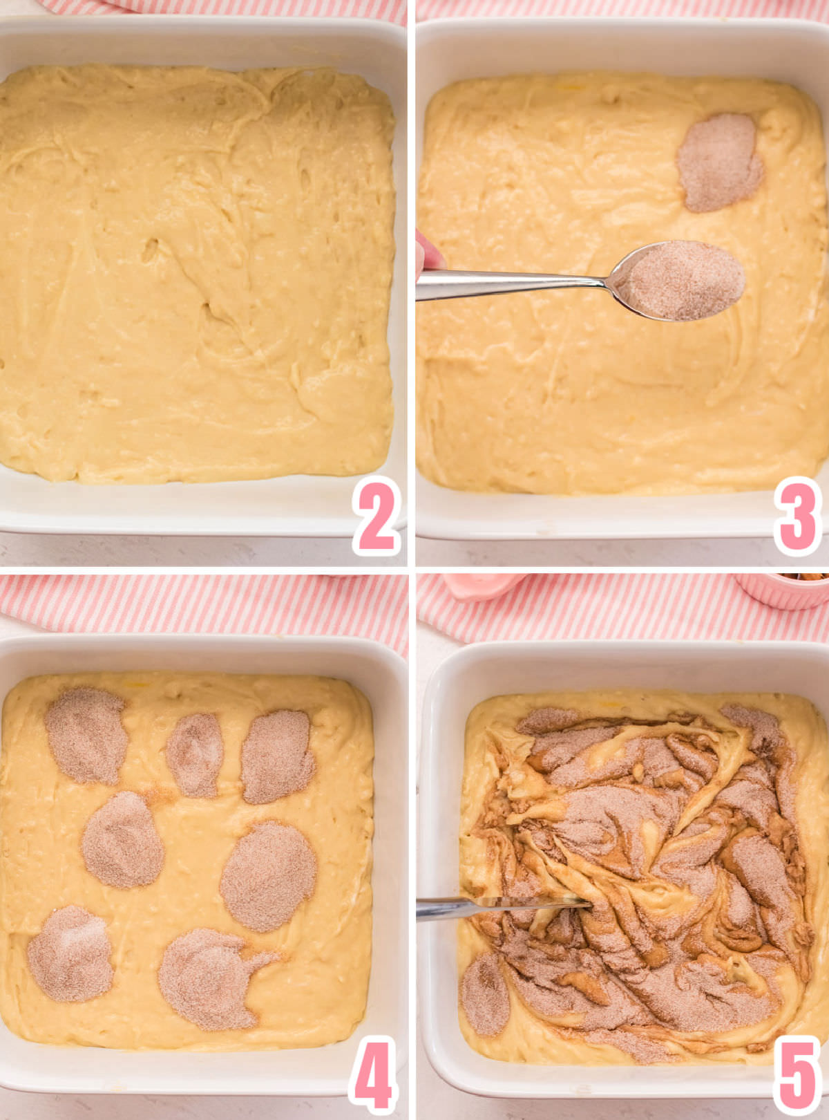 Collage image showing exactly how to swirl the cinnamon into the cake batter.