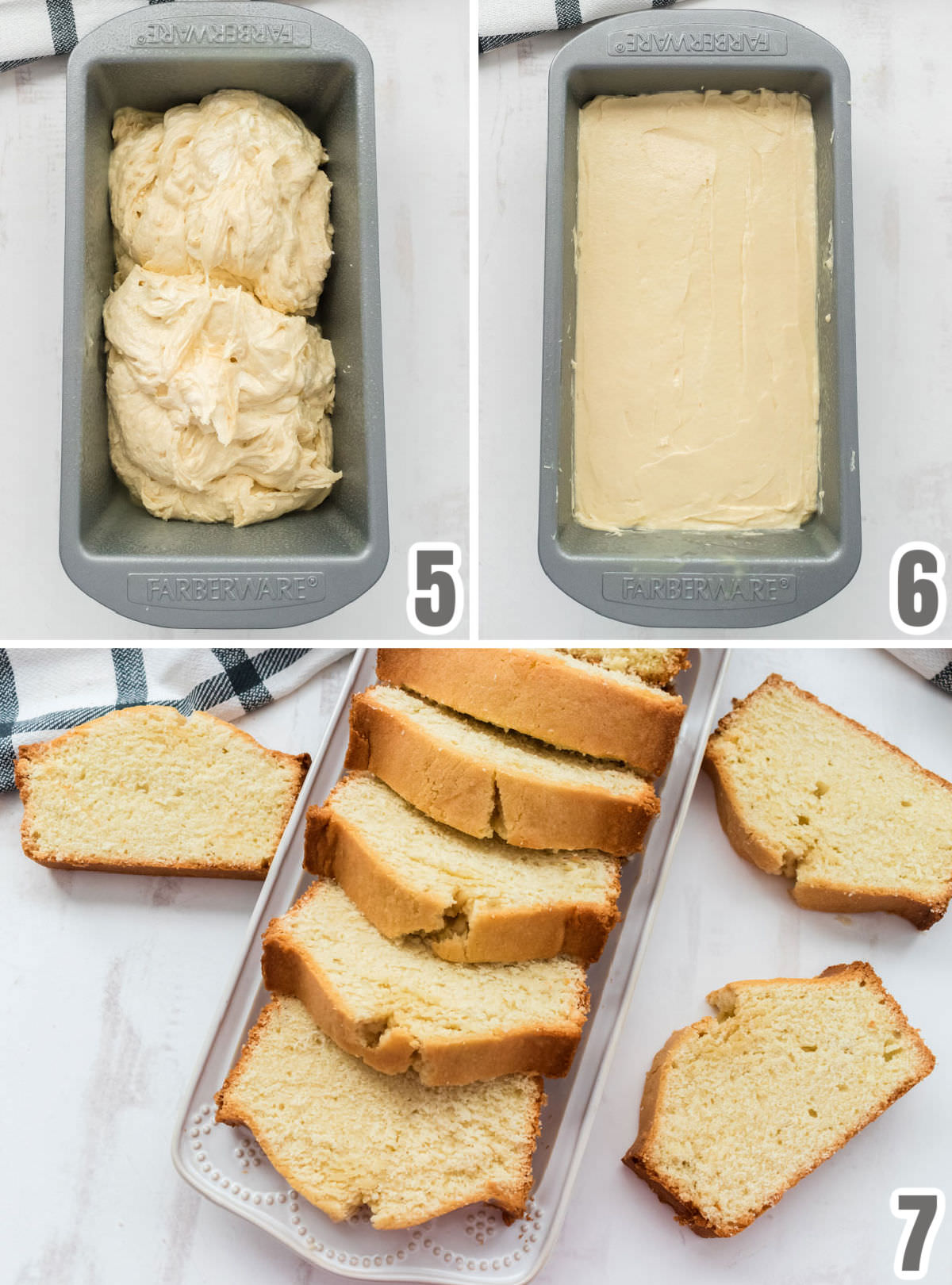 Collage image showing the step for baking Pound Cake including a cooled pound cake sliced into pieces.