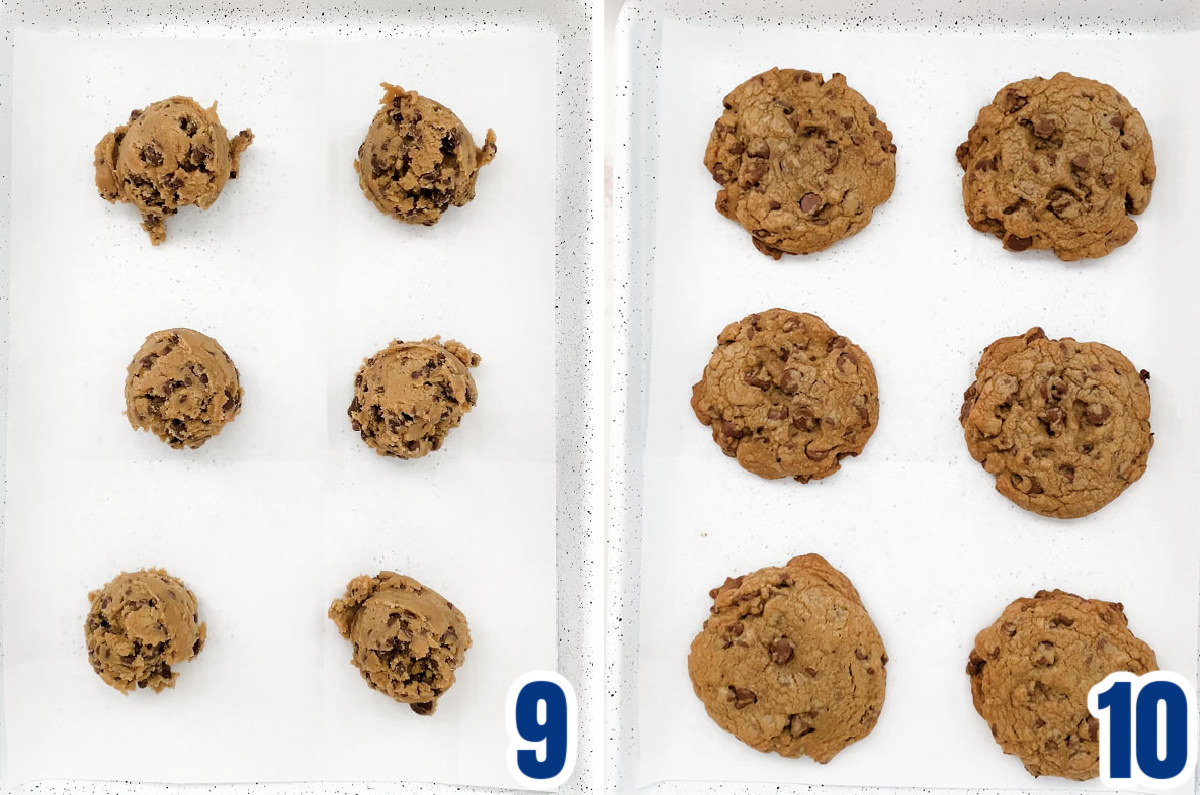 Collage image showing the Coffee Chocolate Chip Cookies before they go in the oven and after they come out of the oven.