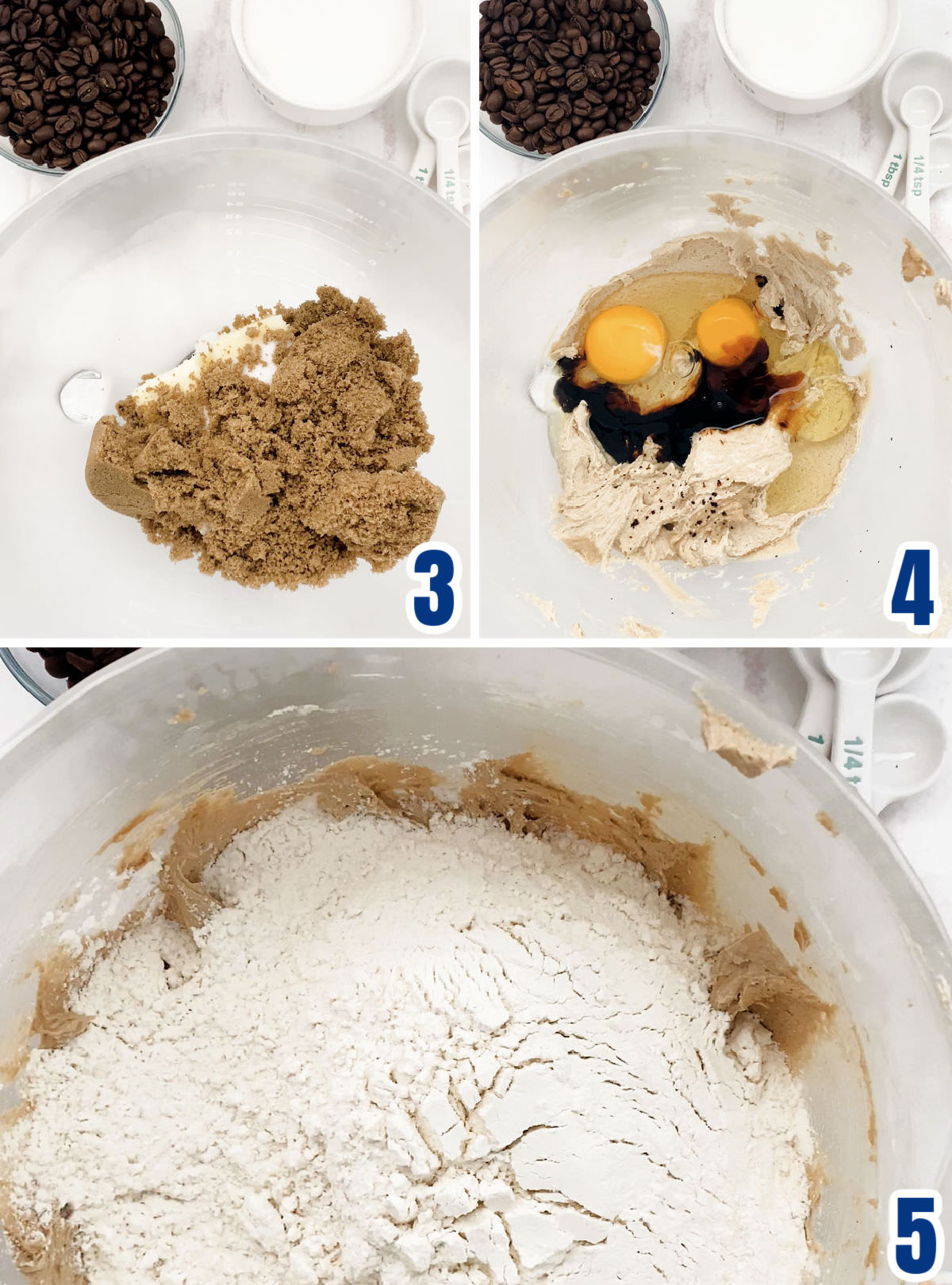 Collage image showing how to make the cookie dough for the Coffee cookies.