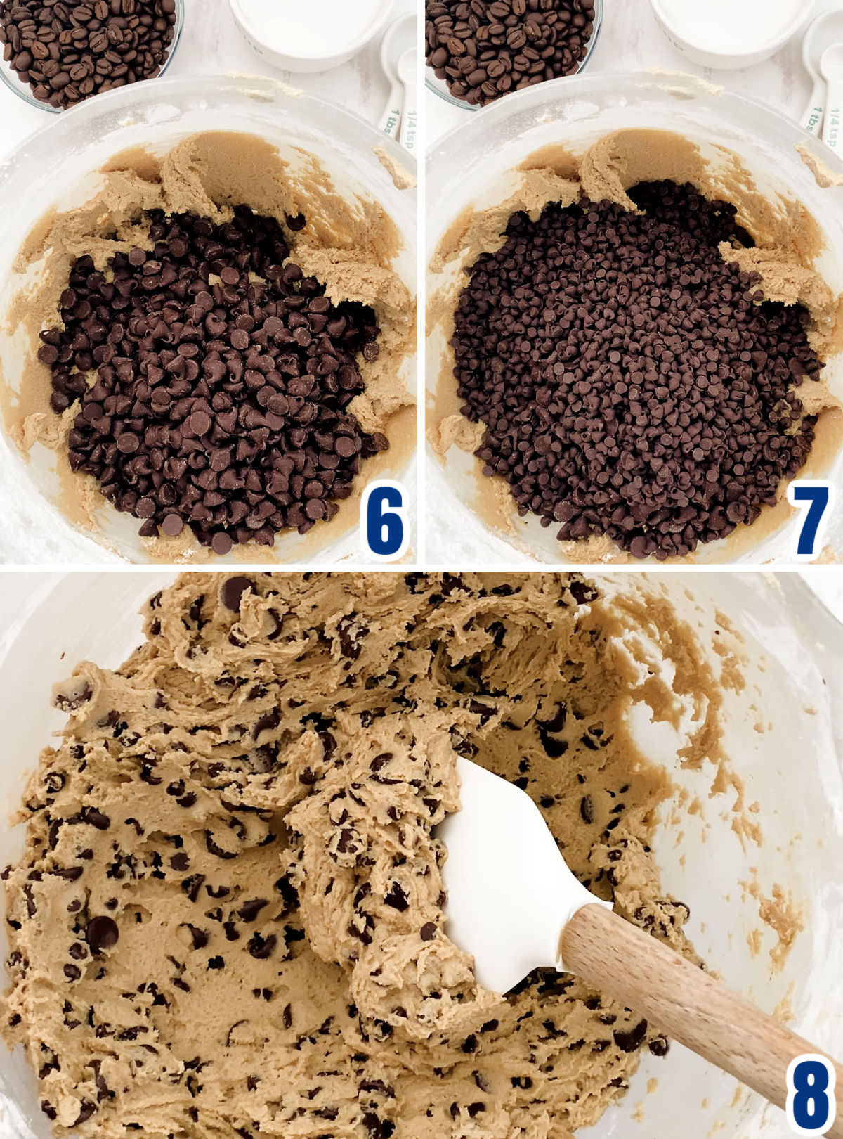 Collage image showing how to add the chocolate chips to the cookie dough.