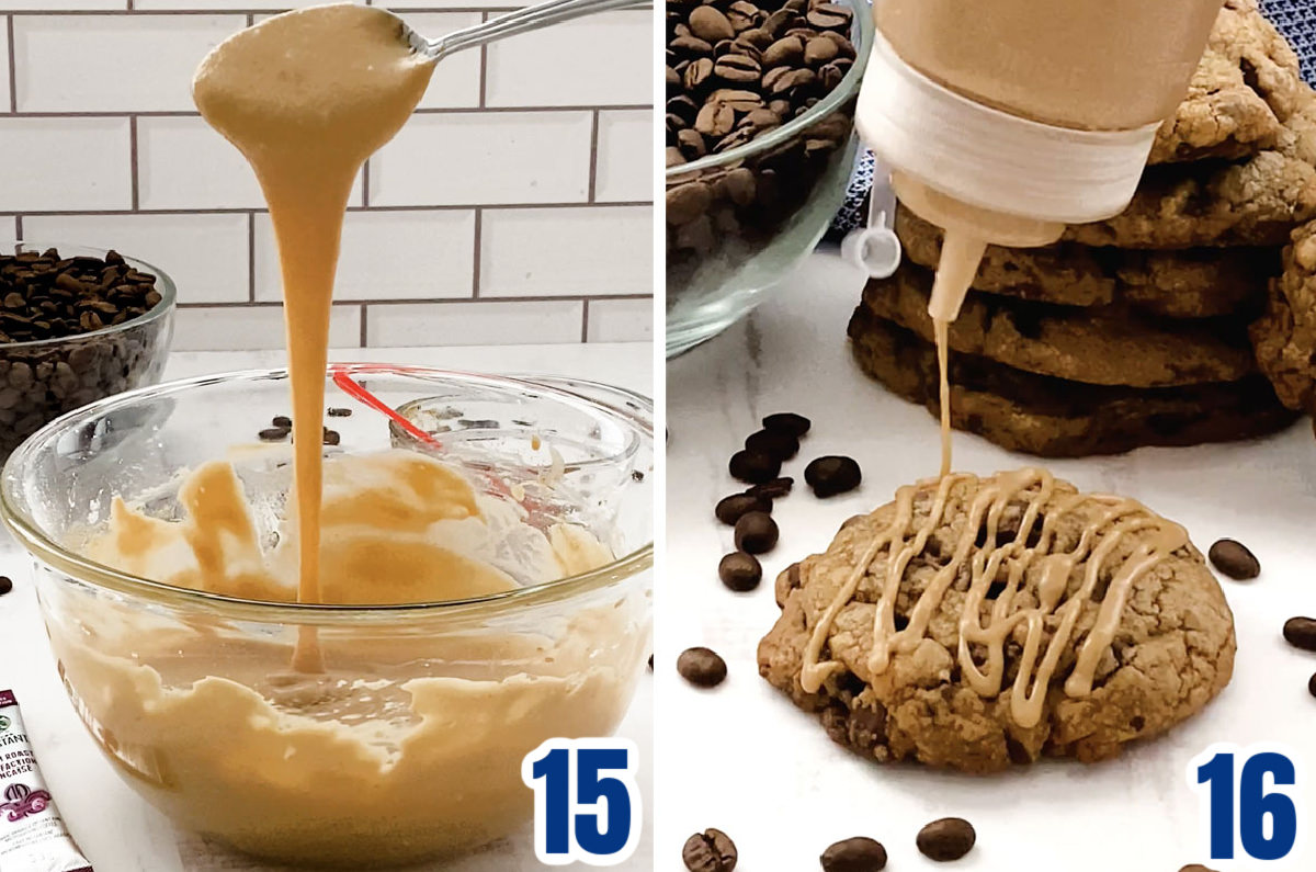 Collage image showing how to drizzle the coffee icing on the Coffee Chocolate Chip Cookies.