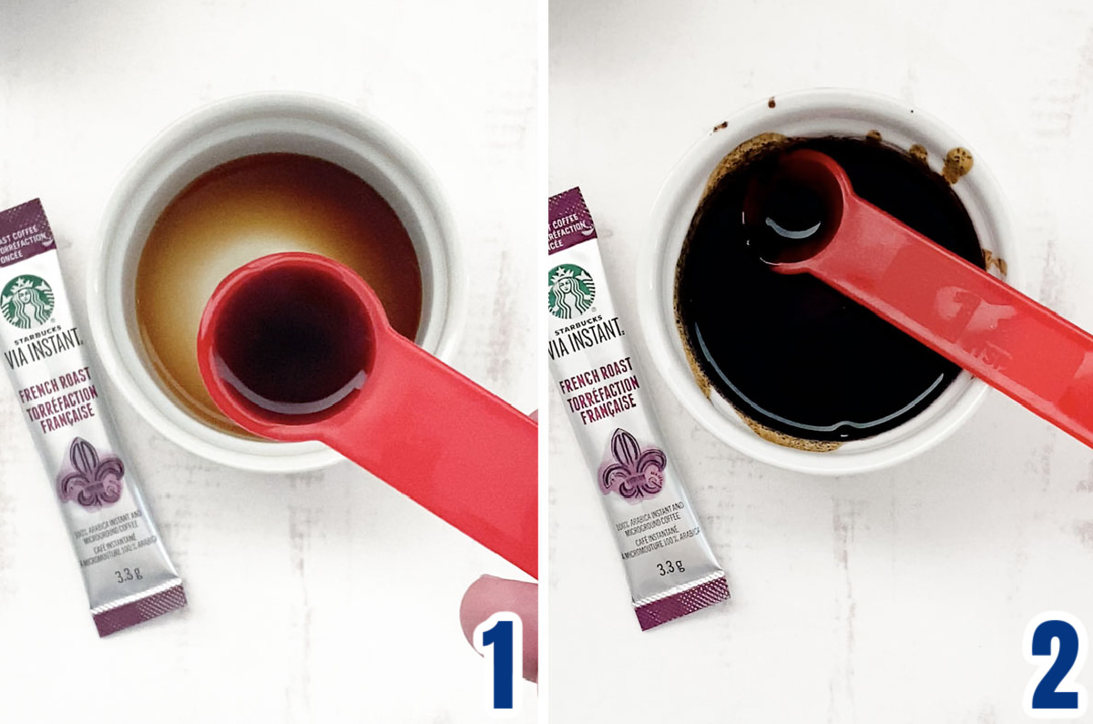 Collage image showing how to dissolve the Instant Coffee in the vanilla.