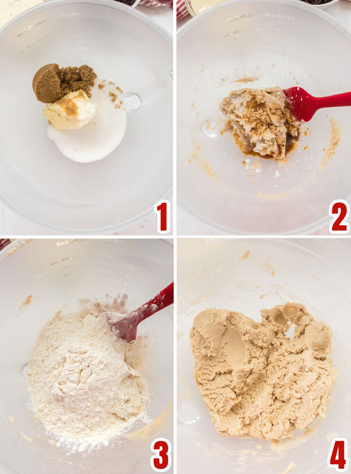 Collage image showing the steps for making the Edible Cookie Dough that will go in the fudge.
