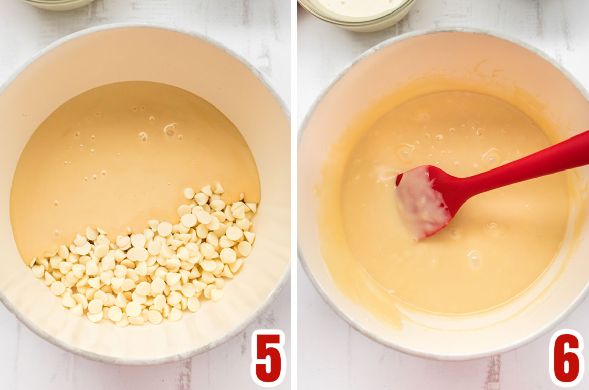 Collage image showing how to make the white chocolate mixture for the Cookie Dough Fudge.