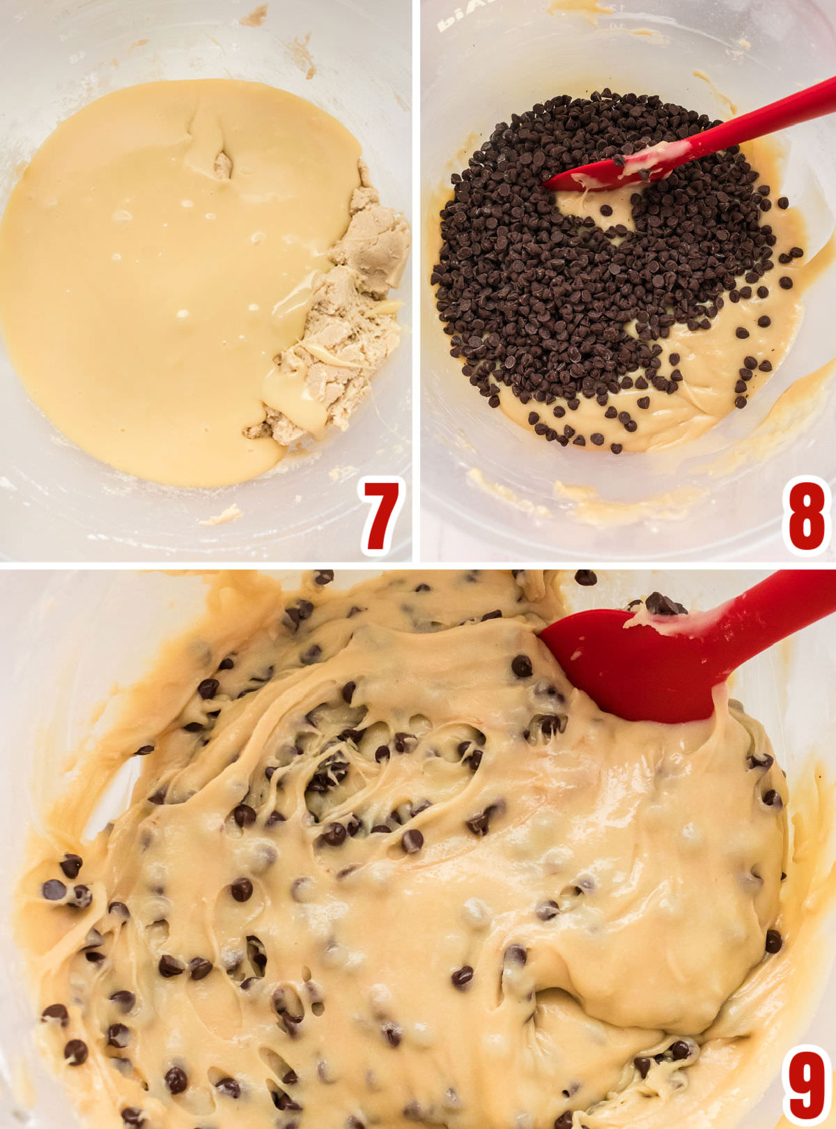 Collage image showing how to mix the cookie dough and the chocolate chips with the fudge mixture.
