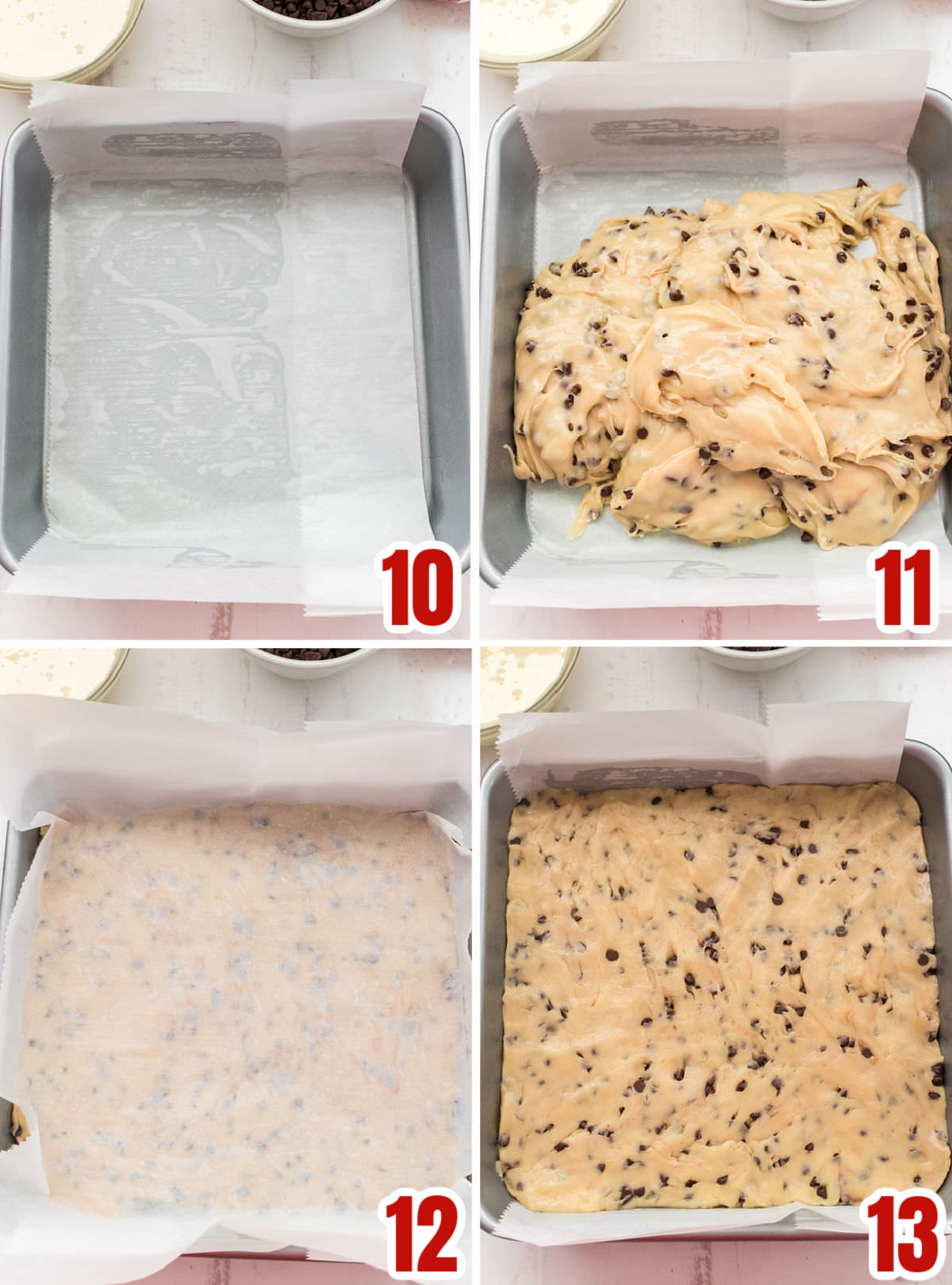 Collage image showing the steps for pour the Fudge mixture into an 8x8" pan for cooling.