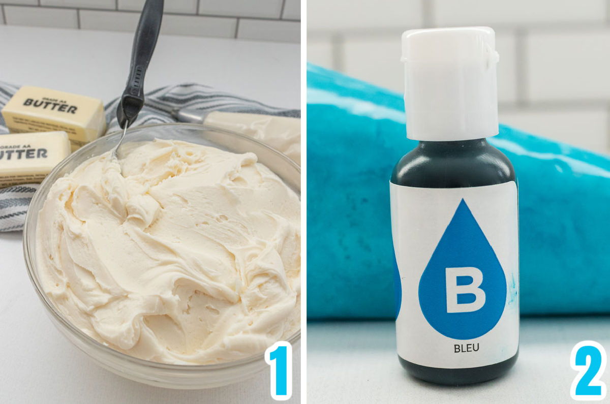 Collage image showing a clear bowl filled with homemade buttercream frosting and the food coloring necessary to turn the frosting into Cookie Monster blue.