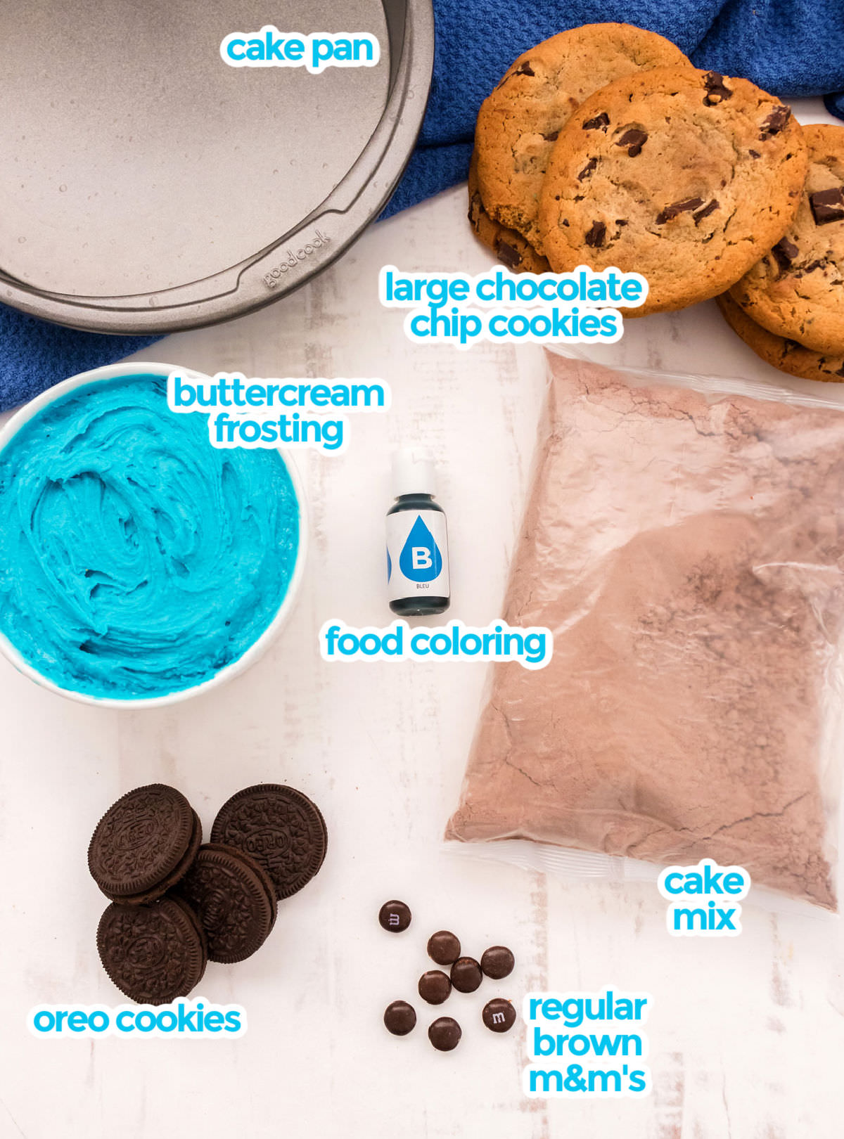 All the ingredients you will need to make a Cookie Monster Cake including cake pan, cake mix, buttercream frosting, blue food coloring, jumbo chocolate chip cookies, Oreo cookies and brown M&M's.