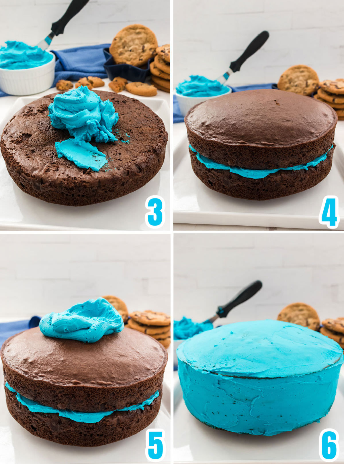 Collage image showing how to frost the two layer chocolate cake with the blue buttercream frosting.