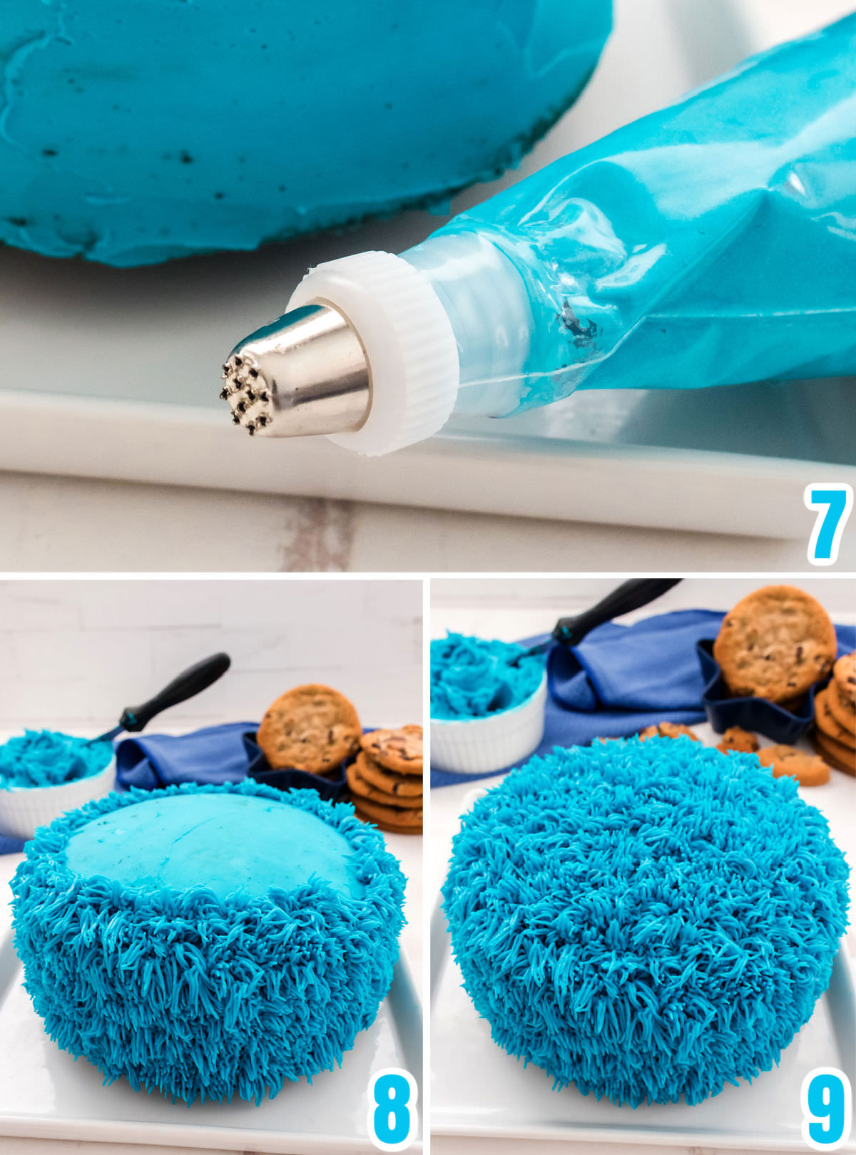 Collage image showing how to add the Cookie Monster Frosting Fur to the cake.