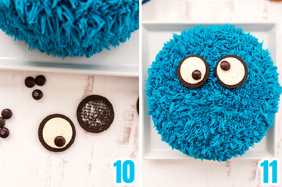 Collage image showing how to use Oreo Cookies to make the Cookie Monster Cake eyes.
