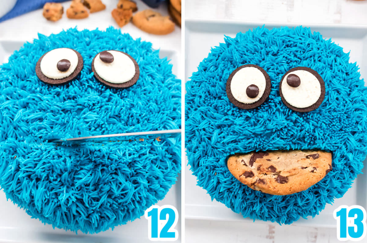 Collage image showing how to add the Jumbo Chocolate Chip Cookie to the top of the Cookie Monster Cake.