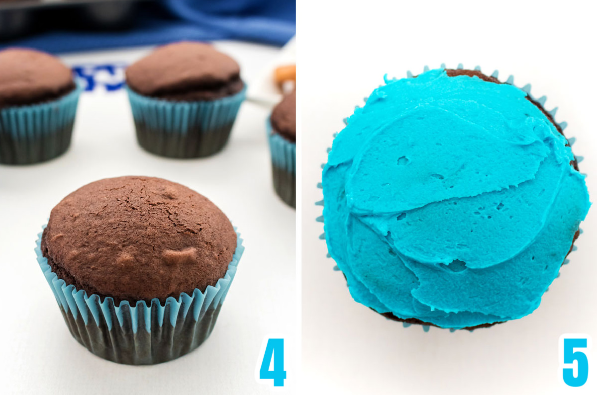 Collage image showing how to frost the Cookie Monster Cupcake.