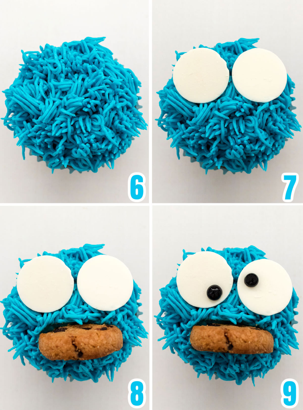 Collage image showing how to decorate the top of the Cookie Monster Cookie.