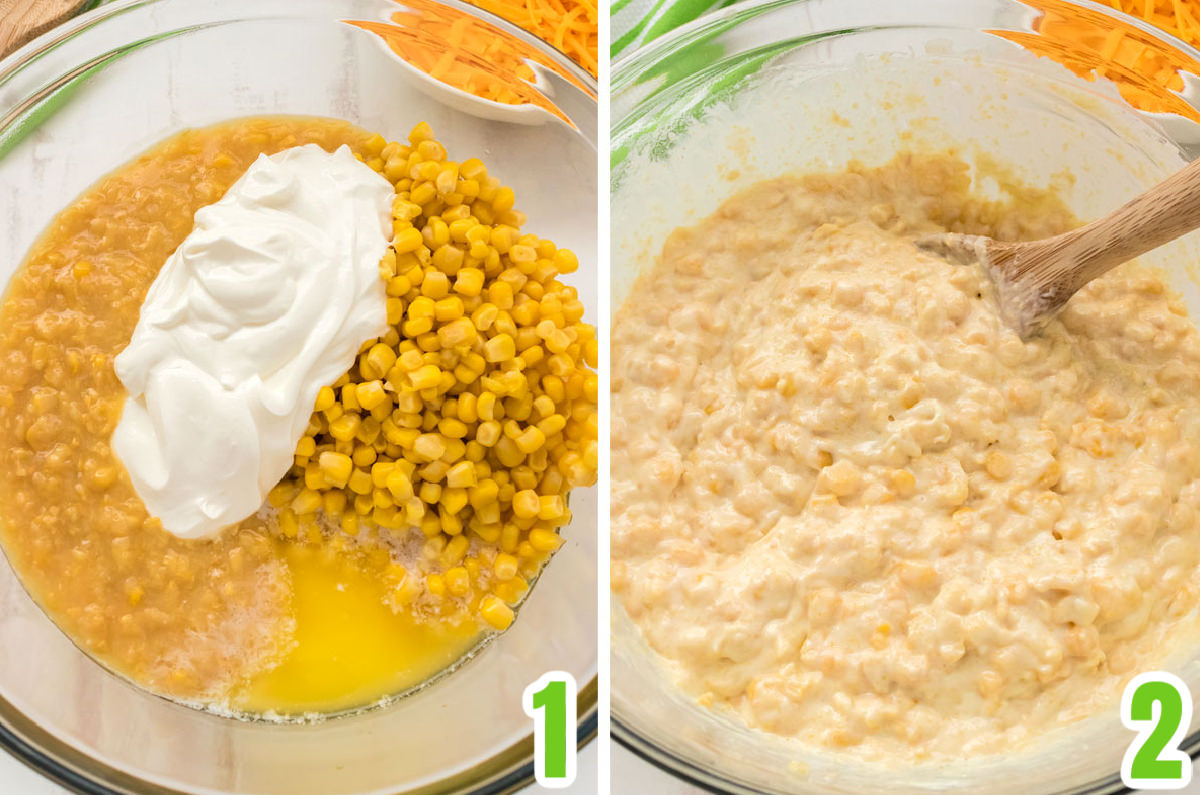 Collage image showing how to make the Corn Casserole mixture.