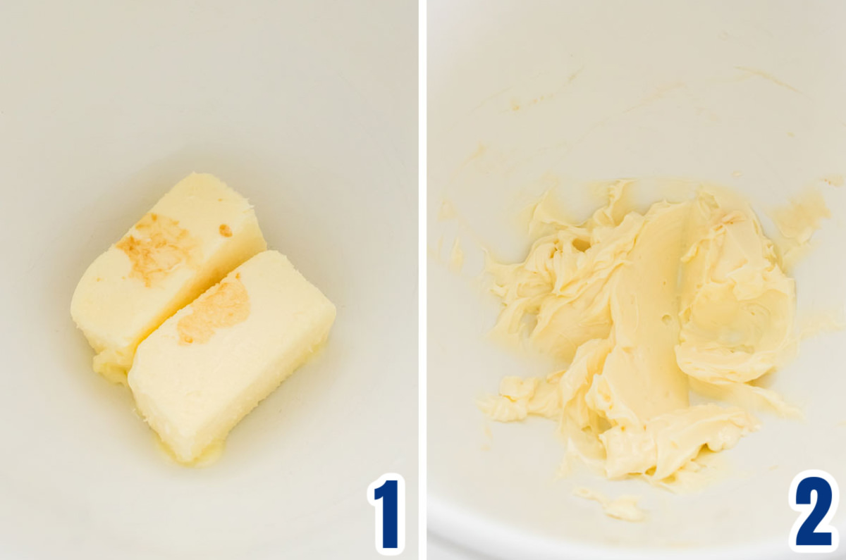 Collage image showing how to cream the butter and the vanilla for the best flavored frosting.