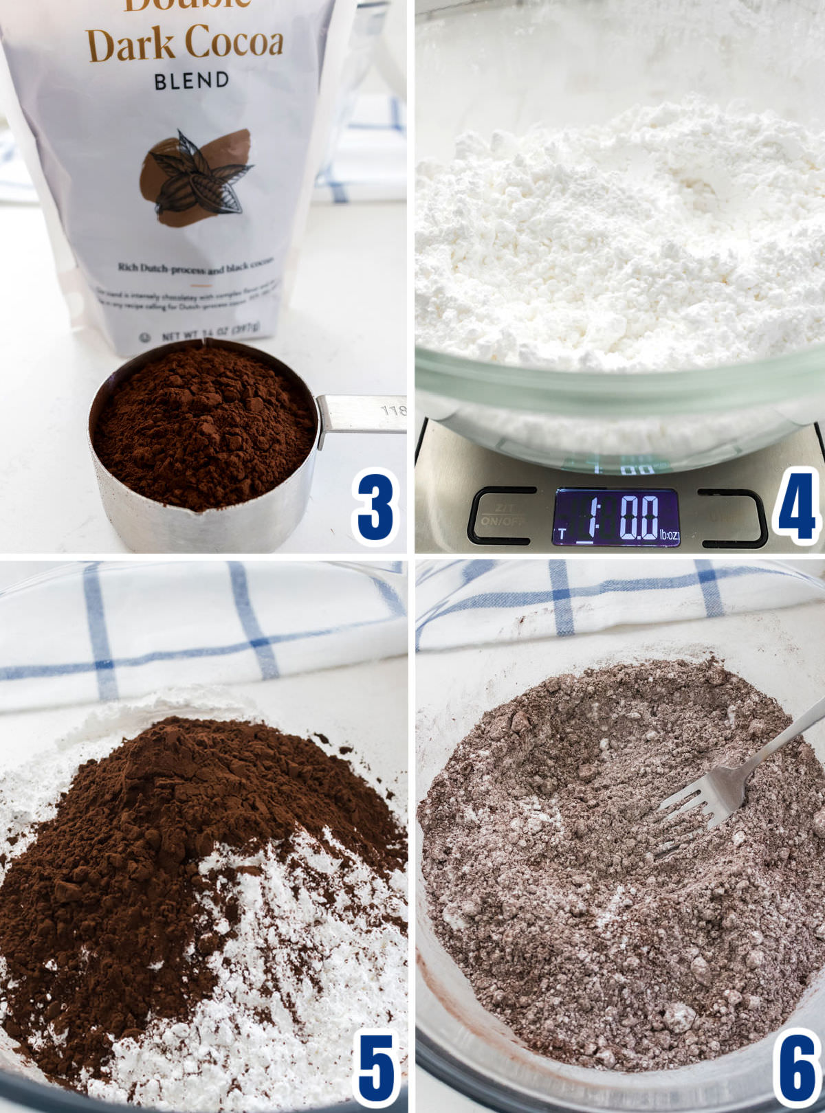 Collage image showing how to add the Dutch Processed Chocolate to the Powdered Sugar.