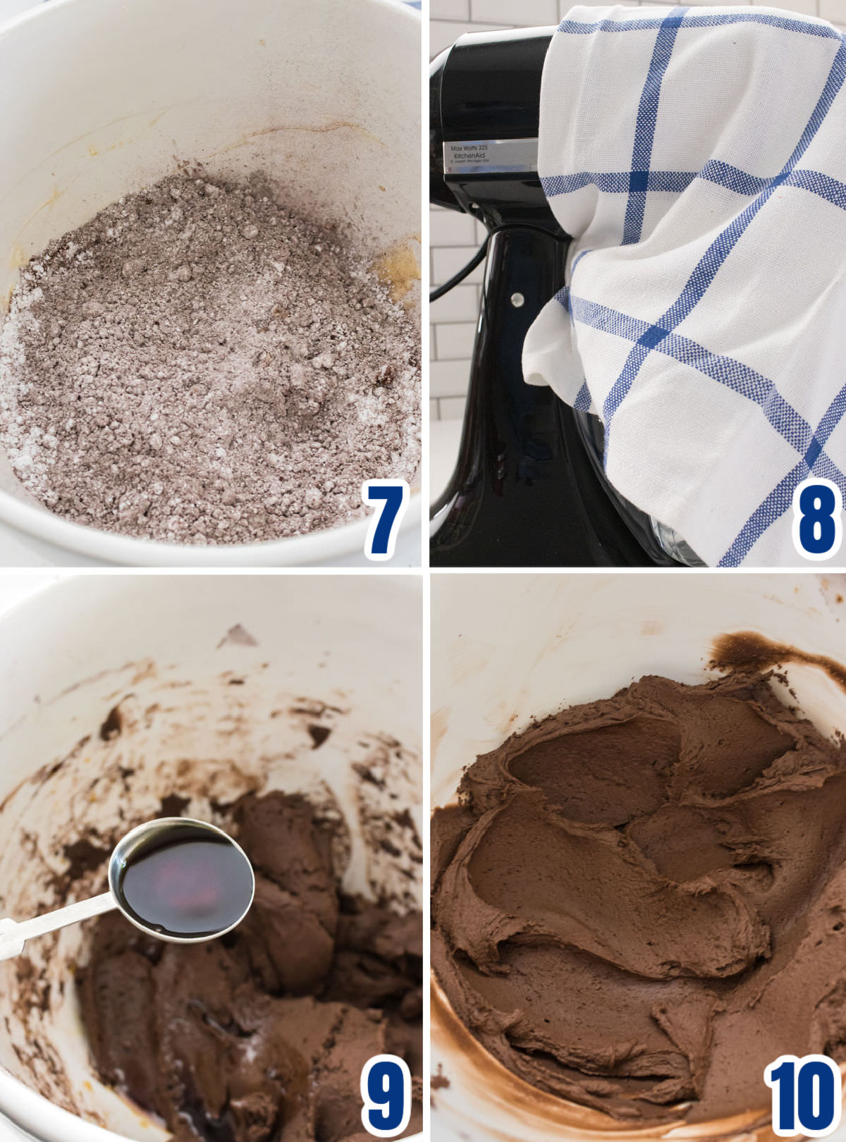 Collage image showing the steps for adding the powdered sugar and the coffee to the Dark Chocolate Icing.