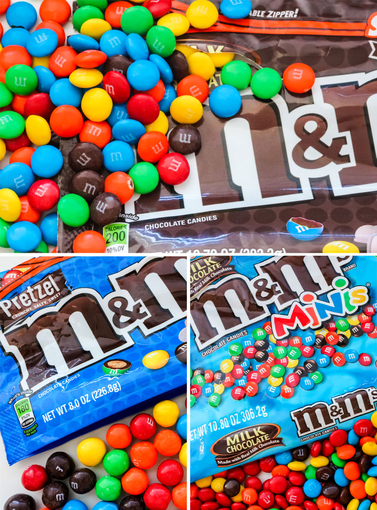 A collage image featuring bags of regular M&M's, Pretzel M&M's and M&M Minis.