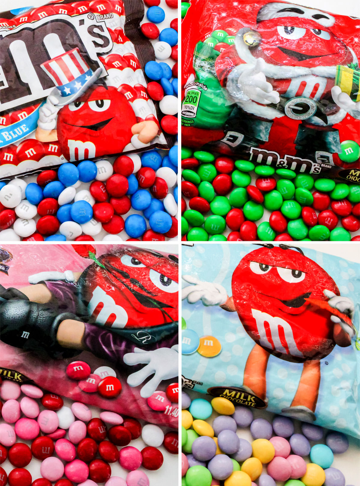 Collage image showing sample bags of the Holiday mix M&M's series.