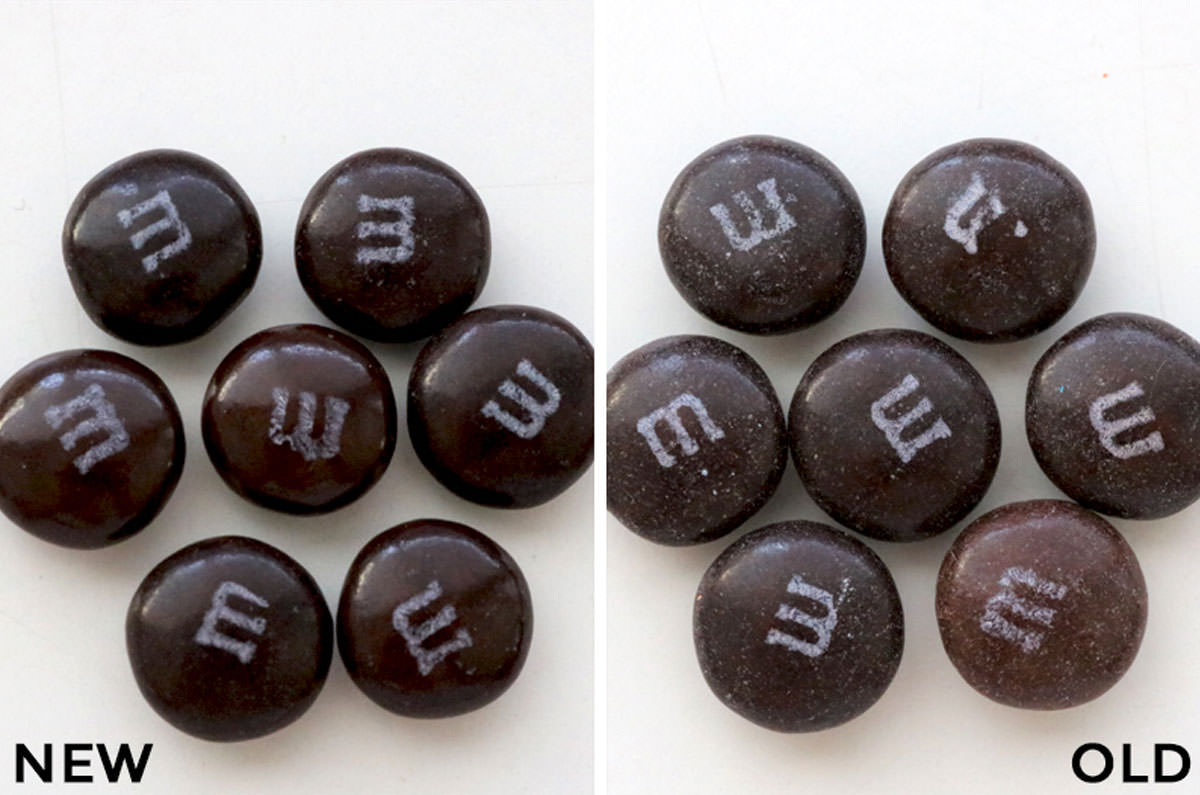 Collage image showing new M&M's vs. old M&M's.