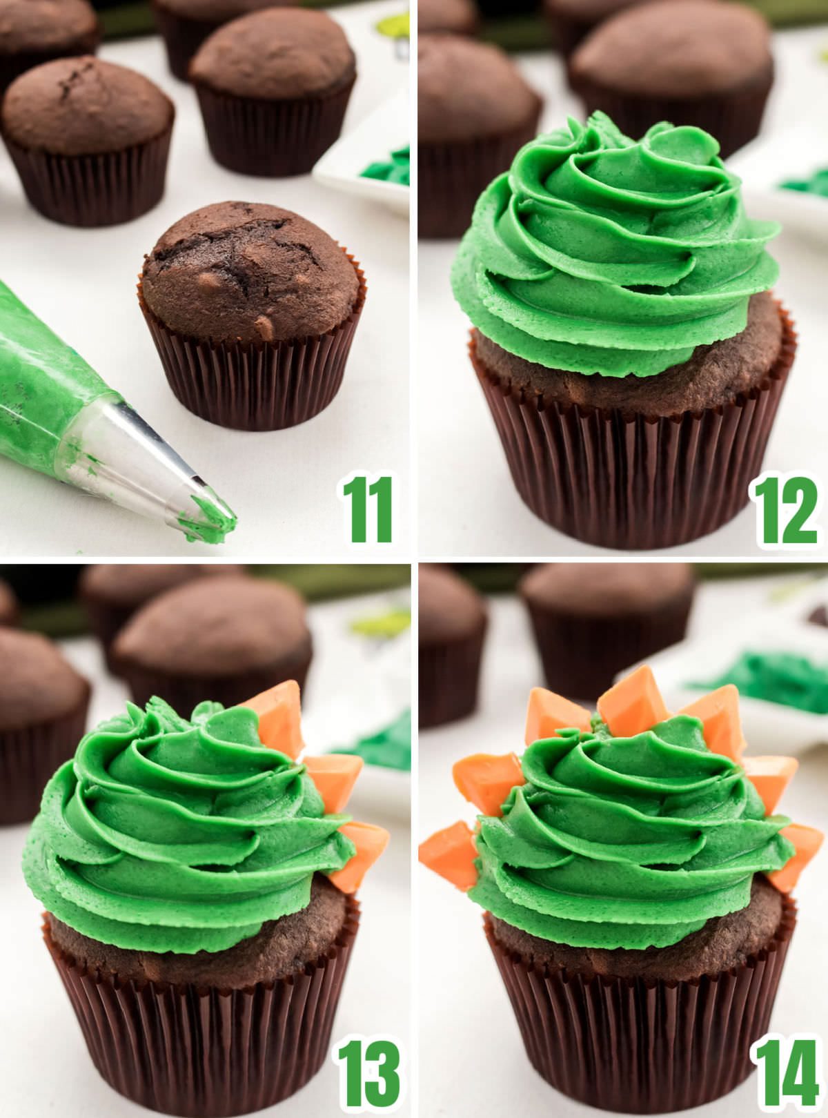 Collage image showing the steps for decorating the Dinosaur Cupcakes.
