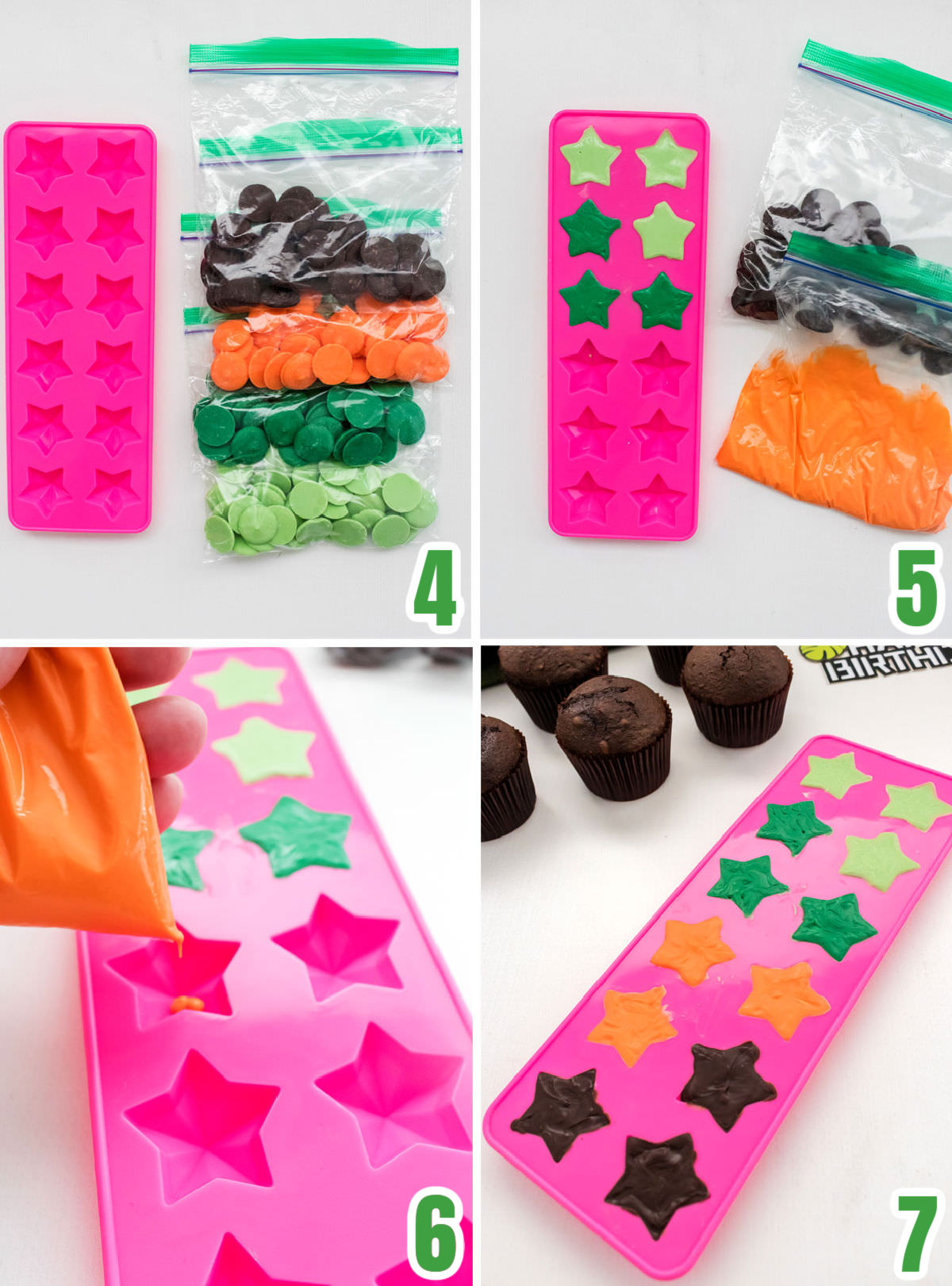 Collage image showing how to make candy melt stars for the spikes on the Dinosaur Cupcakes.