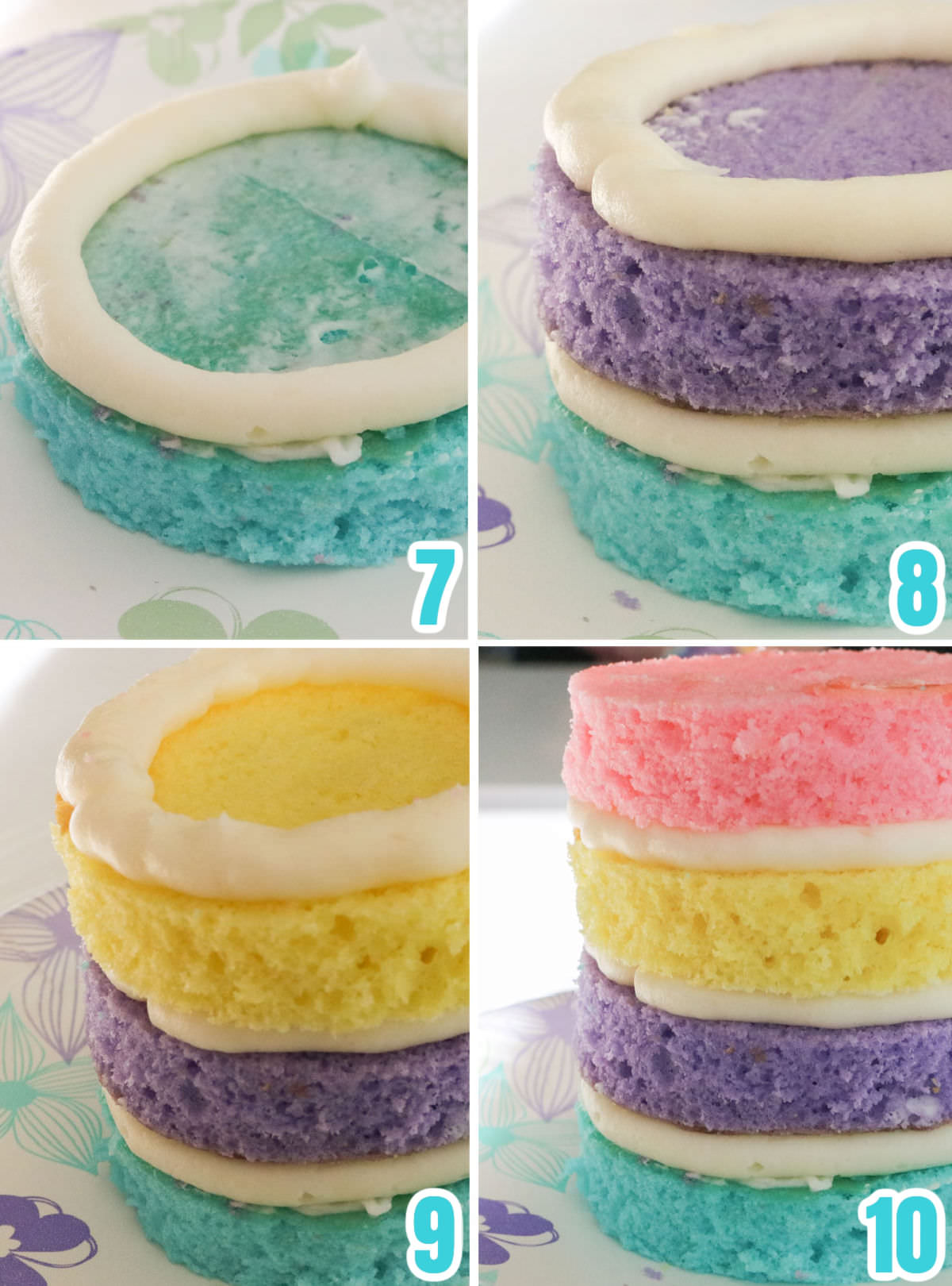 Collage image showing the steps you will take to build the Easter Bunny Mini Cakes.