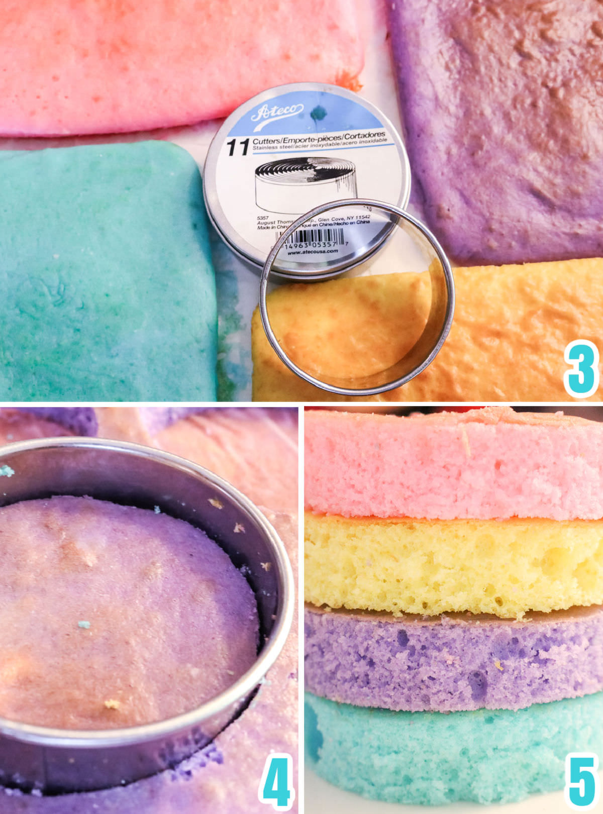 Collage image showing how to cut the colored cakes into circles.