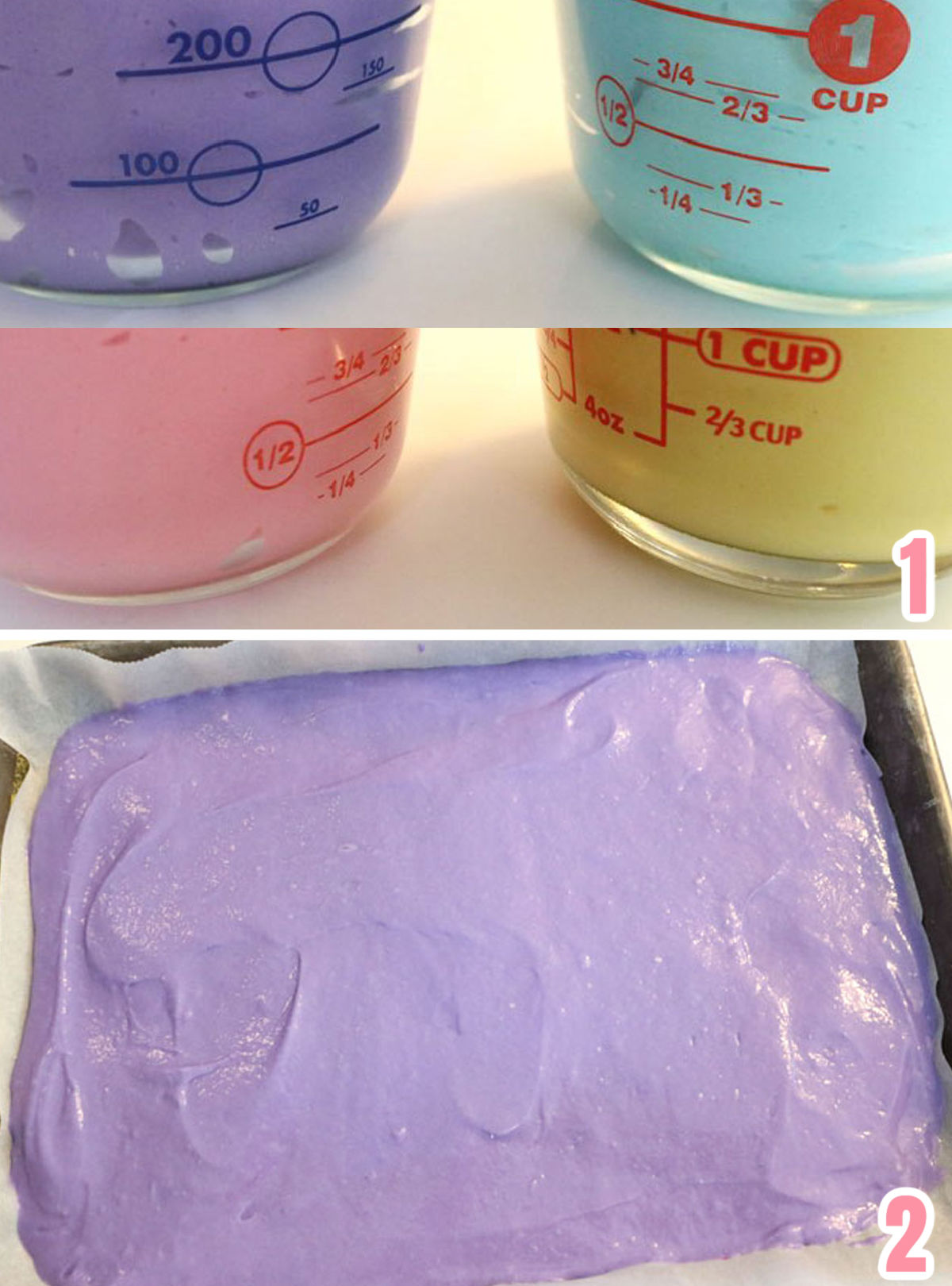 Collage image showing the steps for tinting the cake batter purple, blue,  yellow and pink.