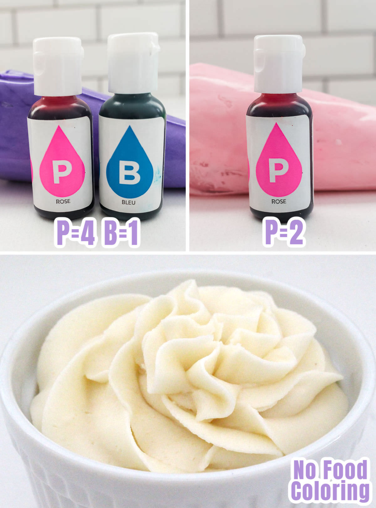 Collage image showing the food coloring formulas for tinting buttercream frosting Purple, Pink and White.
