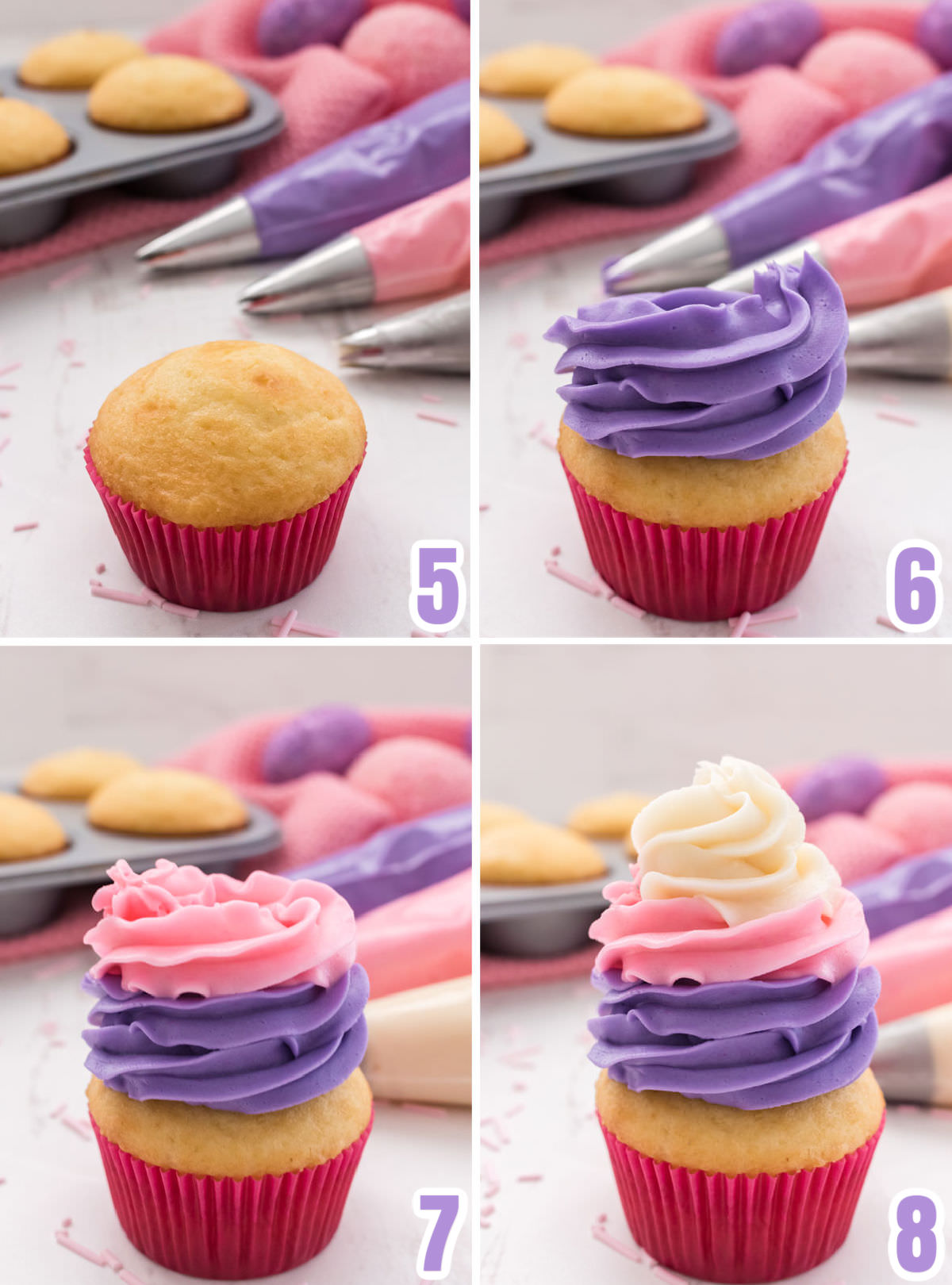 Collage image showing how to make the butter cream frosting swirl for the Easter Cupcakes using purple, pink and white frosting.