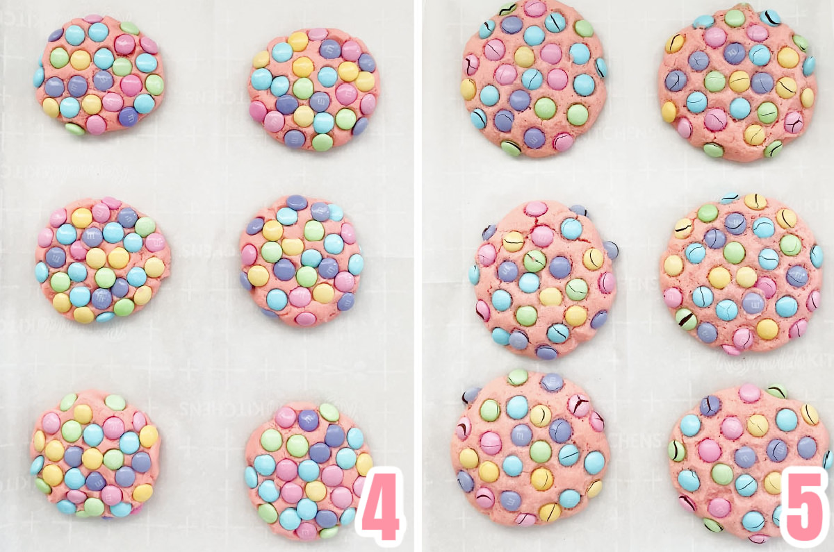 Collage image showing the M&M Cookies before going into the oven and after coming out of the oven.