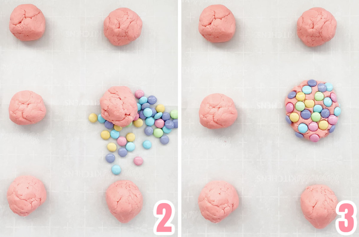 Collage image showing how to press the M&M onto the cookie dough before baking.