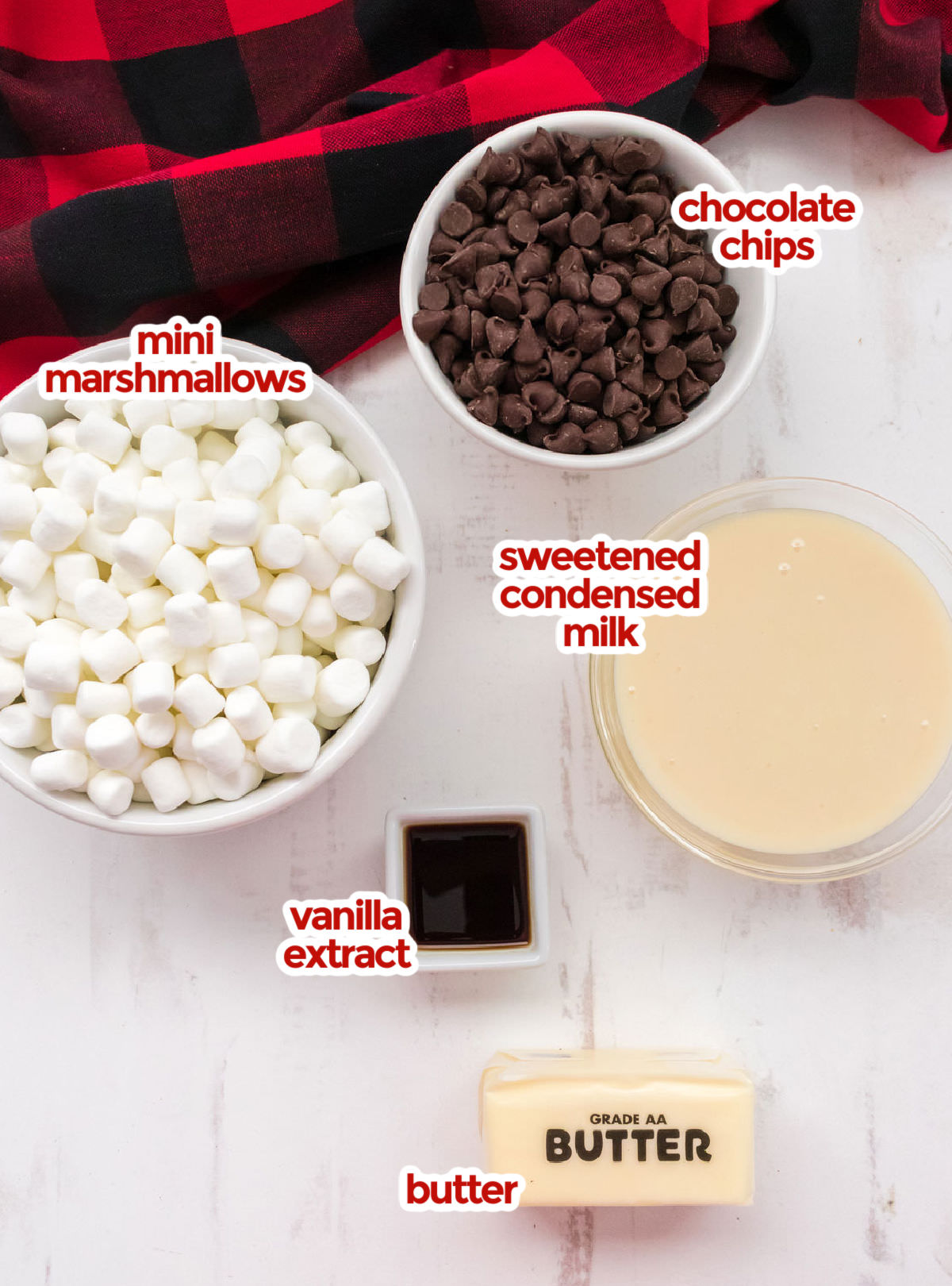 All the ingredients you will need to make Easy Chocolate Fudge including chocolate chips, mini marshmallows, sweetened condensed milk and vanilla extract.