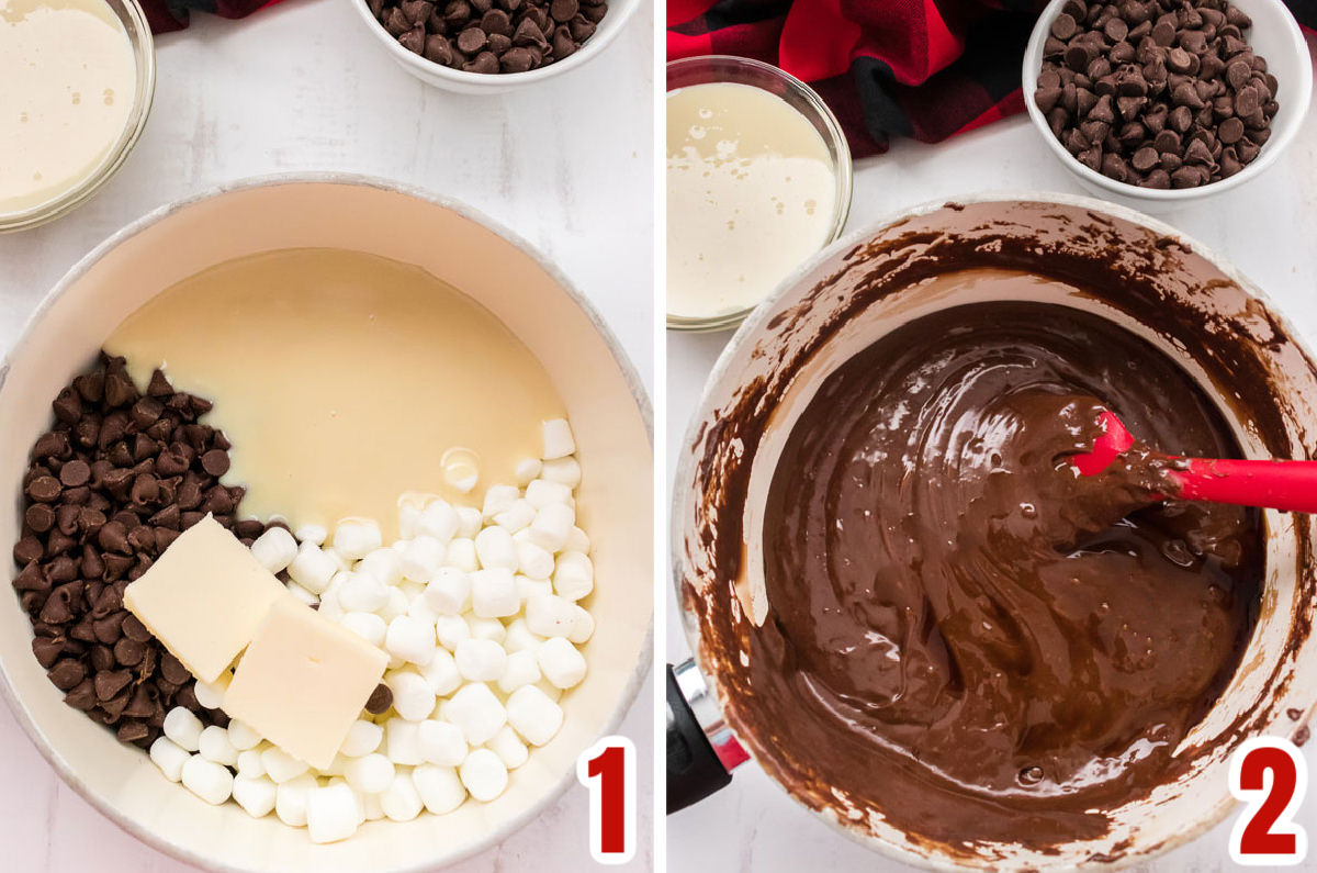 Collage image showing how to make the Chocolate Fudge mixture in a saucepan.